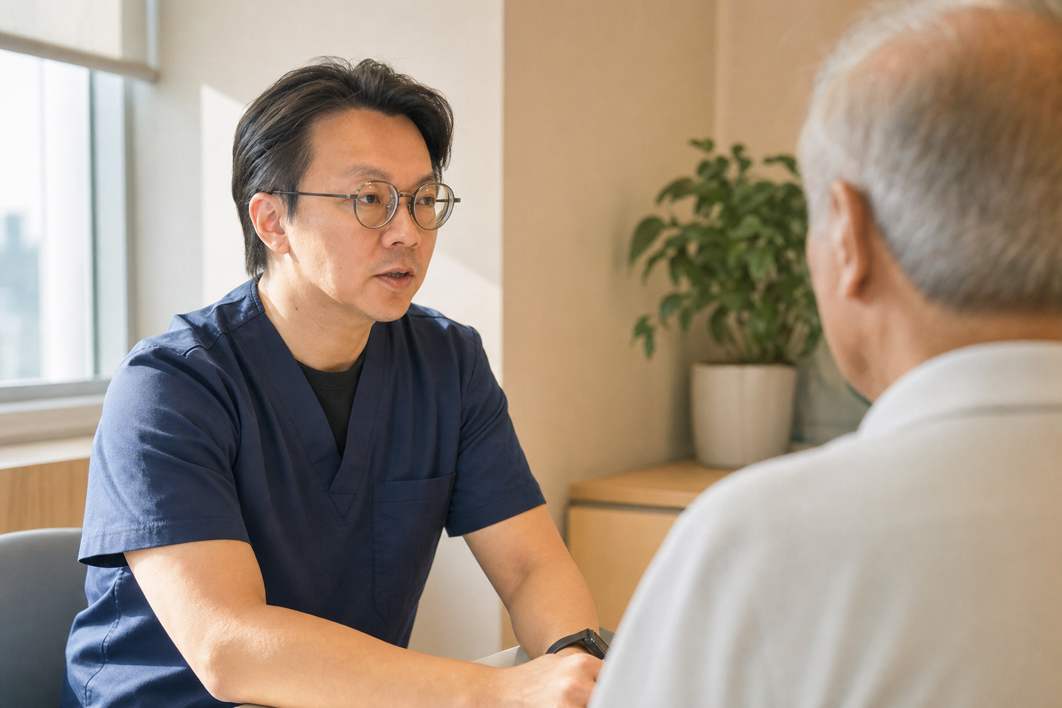 Dr Daniel Lee in surgical scrubs during a geriatric consultation